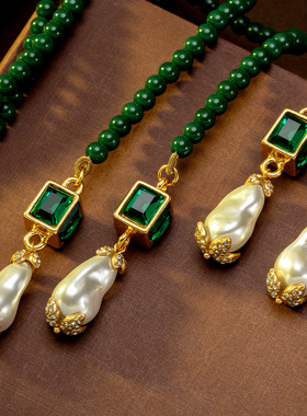 中古vintage祖母绿方糖毛衣链长时尚轻奢绿色复古珍珠项链耳钉