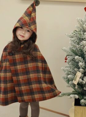 女童宝宝外套尖尖帽格子夹棉加厚呢大衣斗篷2024冬装新款外贸童装