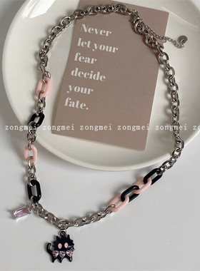 小众设计粉黑色钛钢链条拼接猫咪项链女可爱锁骨链嘻哈冷淡风潮