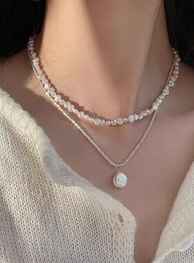 双层叠戴巴洛克锁骨链吊坠小众轻奢级感诸暨天然淡水珍珠项链女