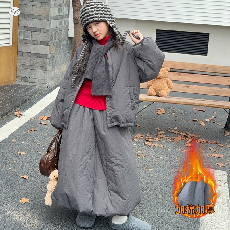 女童秋冬套装2025新款夹棉外套半身裙两件套中大童慵懒风棉服冬装，童装休闲套装，祺儿童装