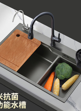 不锈钢厨房水槽大槽一体多功能家用台下台上洗菜盆枪灰色洗碗池