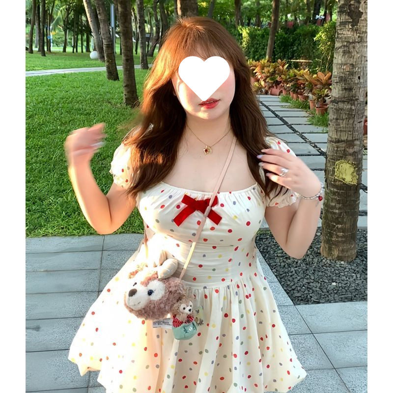 大码胖mm彩色波点甜美公主连衣裙夏季新款修身显瘦可爱少女蓬蓬裙