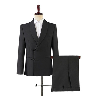 影楼婚纱拍照舞台 礼服黑色中国风盘扣青果领西服套装 男新中式 西装