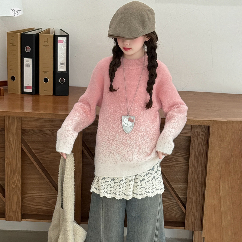 女童2025秋冬新款樱花渐变粉加厚毛衣女大童户外保暖星空粉毛毛衣，童装毛衣，祺儿童装