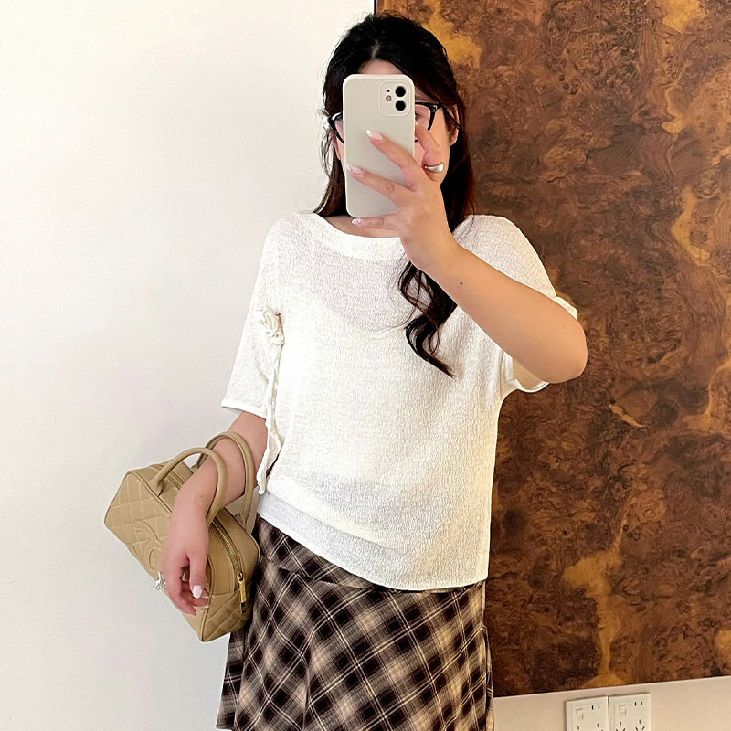 乃粒25125大码女装优雅小花短袖t恤女2026秋胖mm气质感一字领上衣