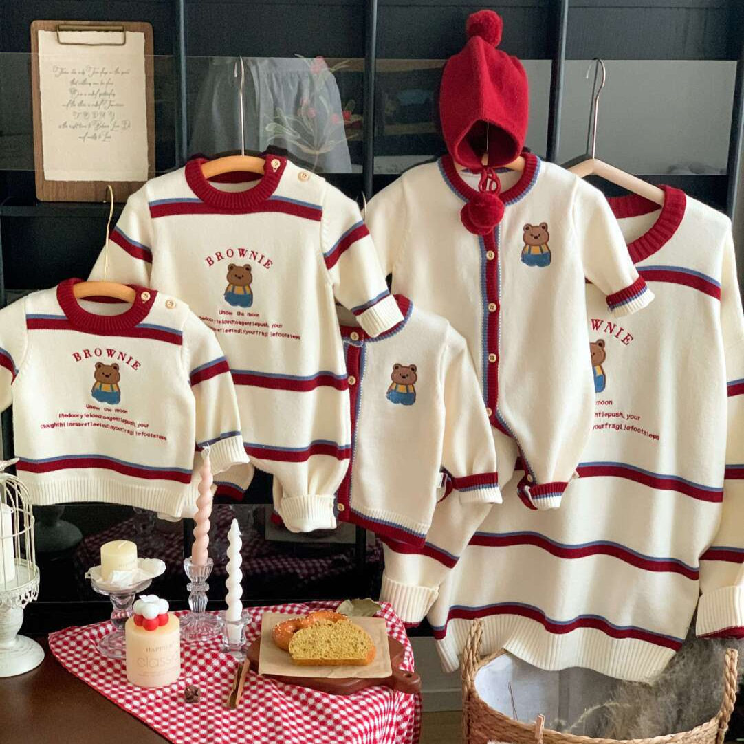 韩版秋冬亲子装毛衣一家三口母女婴儿卡通小熊条纹针织衫过年母子