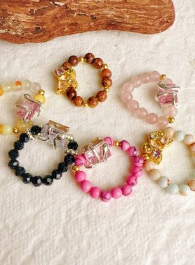 新中式蝴蝶天然石串珠戒指女款美拉德食指戒复古风闺蜜珠手工指环