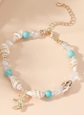 跨境外贸流行饰品 海螺米珠松石手链 沙滩海星吊坠贝壳水晶珠手环