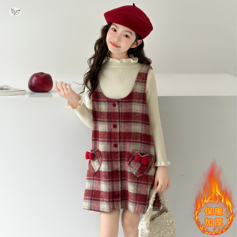 女童新年套装2025年冬季新款中大儿童木耳边毛衣格子背心裙两件套，童装休闲套装，祺儿童装