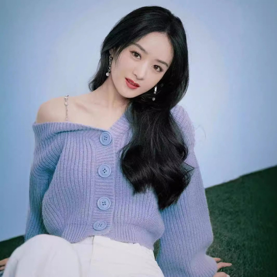 大量现货明星赵丽颖同款衣服女雾霾蓝色链条V领毛衣针织开衫外套