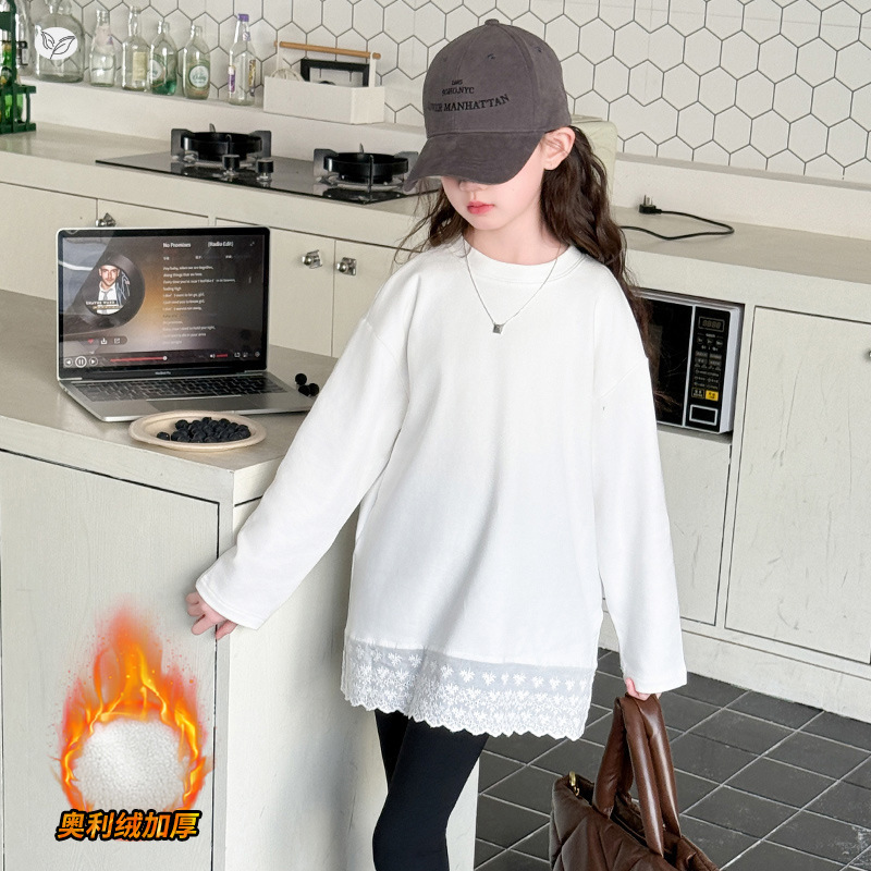 女童加绒T恤2025秋冬新款中大童加厚打底衫蕾丝拼接长袖上衣冬装,童装T恤,祺儿童装 女童加绒T恤2025秋冬新款中大童加厚打底衫蕾丝拼接长袖上衣冬装,童装T恤,祺儿童装