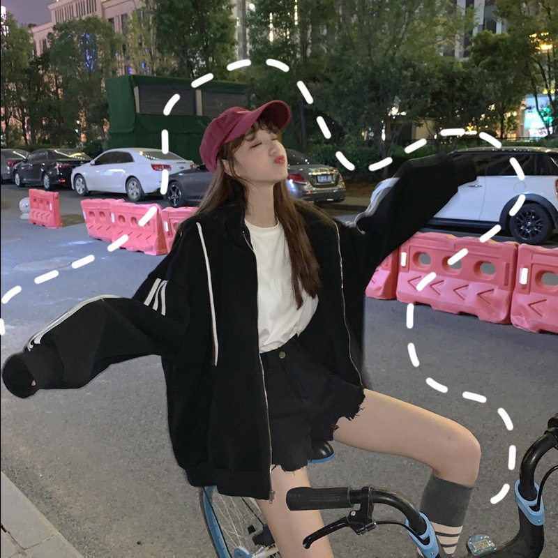 外套女春秋学生韩版时尚百搭休闲开衫宽松加绒加厚连帽ins春秋款