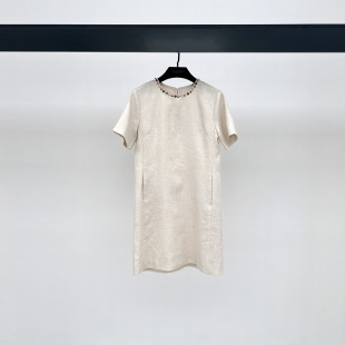 翡格依2026春款安斐欧娜小香风亚麻银丝编织珠链花边连衣裙女中裙