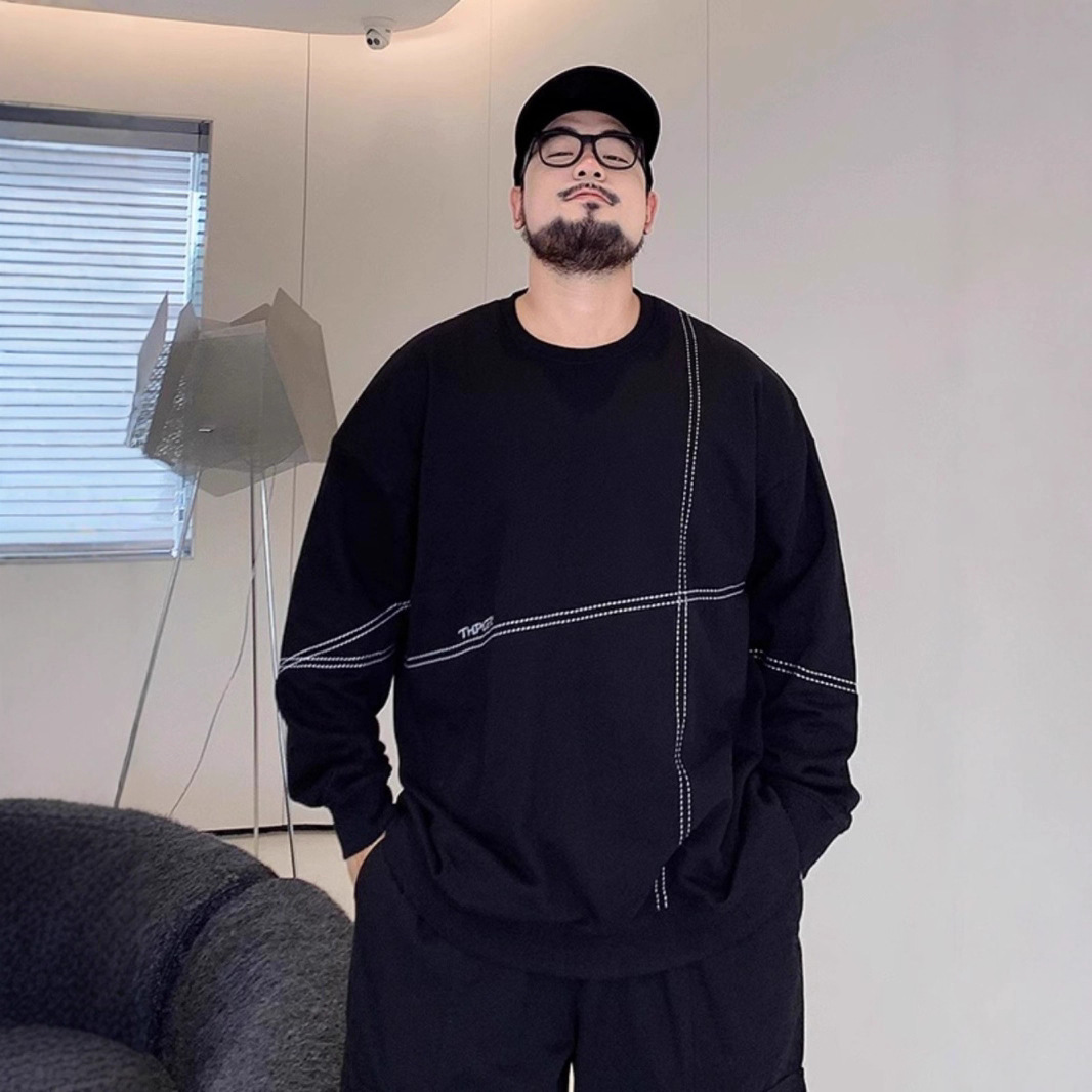 胖子加加大明线装饰圆领卫衣装秋冬潮牌佬休闲套头上衣超大码