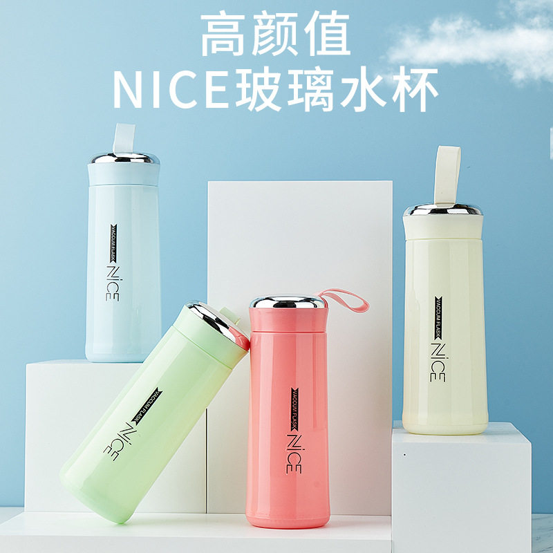 双层提手奈斯广告杯商务密封便携杯子开业店庆促销礼品玻璃水杯图片