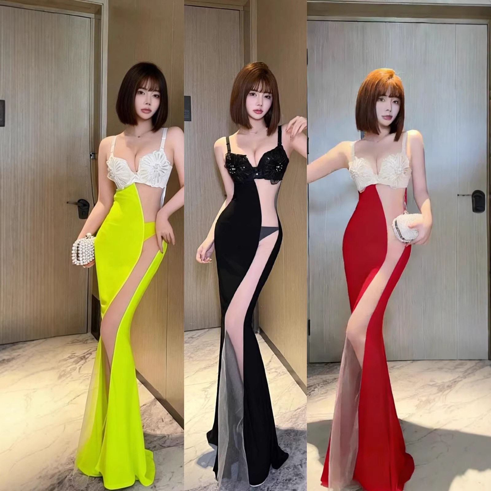 夜场性感女装自带加厚聚拢内衣网纱拼接鱼尾长裙spa佳丽走秀礼服
