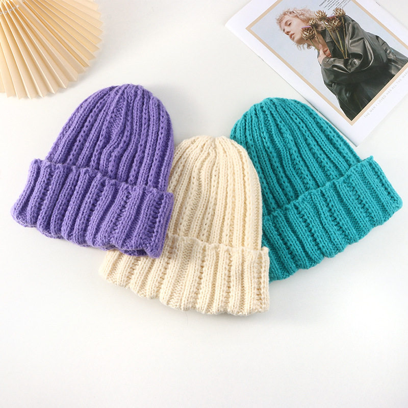 秋冬季绒线套头帽 韩版糖果纯色针织帽 情侣保暖粗线条毛线帽女