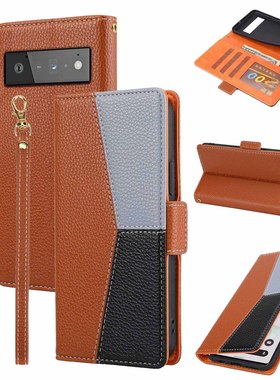 适用谷歌Pixel6手机壳Google6Pro翻盖插卡皮套4A5G拼接拼色6A挂绳