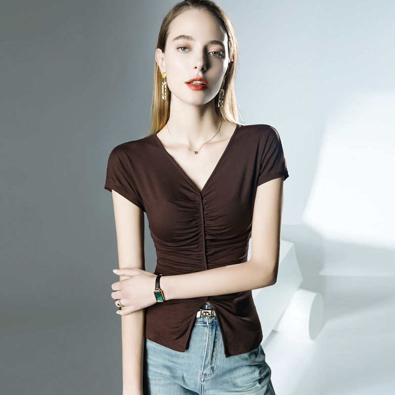 莫代尔褶皱开叉拉丁练功服短袖