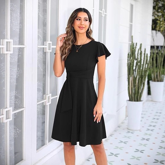 欧美2022新款时尚舒适优雅袖喇叭形 A 字裙摆休闲派对鸡尾酒会