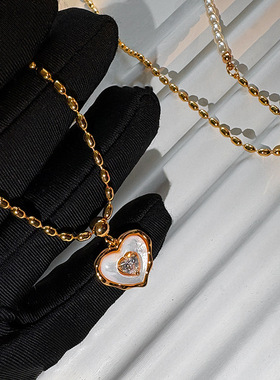 心形天然贝母爱心珍珠项链女复古轻奢小众秋冬级感锁骨链毛衣链