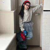 女童2025年春秋新款领口蕾丝花边条纹毛衣女大童门禁扣休闲针织衫，童装毛衣，祺儿童装