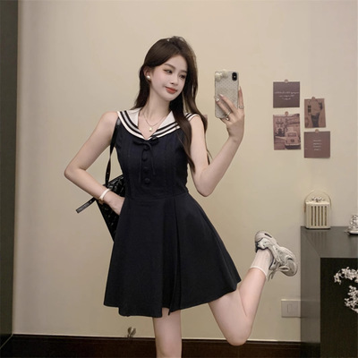 夏季法式海军领学院风减龄miu 系少女百褶木耳边无袖小个子连衣裙