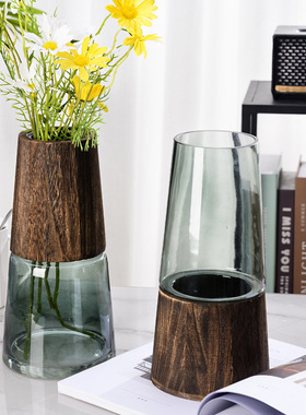 实木玻璃花轻奢现简约创意大口径水养富贵竹马醉木插花摆件