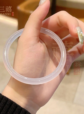 冰透巴西荔枝冻白月光玛瑙手镯天然白冰冰种细圆条玉髓国风镯子