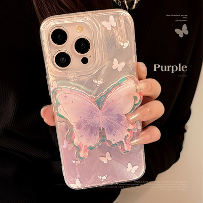 Purple Butterfly Stand hard case适用iphone 11 12 13 14 15 16 plus 17 pro max