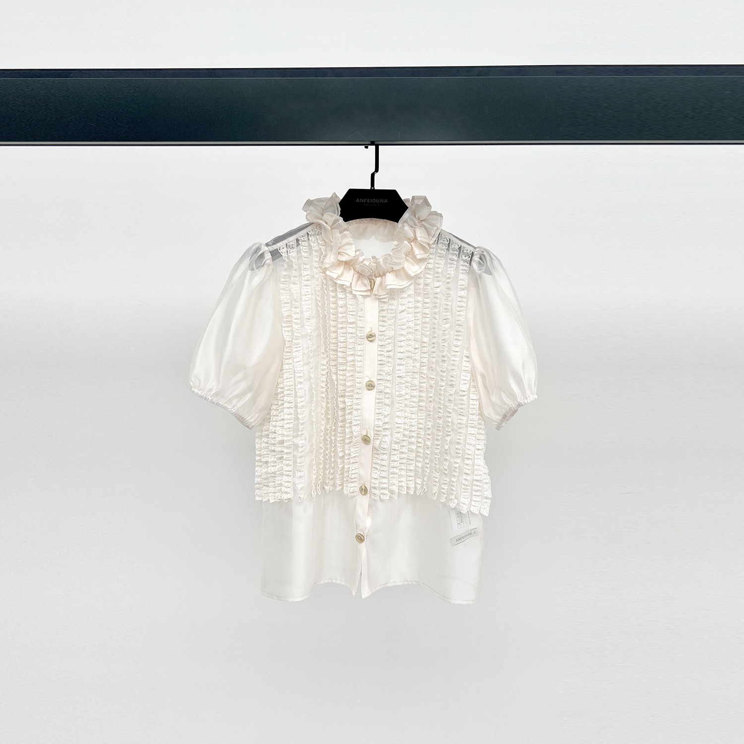 短袖纯色安斐欧娜花瓣领木耳边