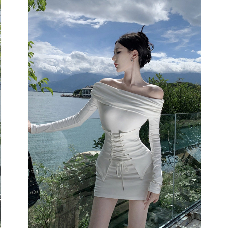 辣妹秋季长袖包臀裙 一字肩露肩束腰紧身显瘦欧美性感连衣裙