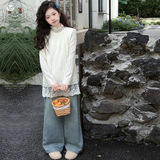 女童2025年秋冬新款下摆蕾丝加绒打底衫女大童纯色半领御寒毛衣，童装外套，祺儿童装