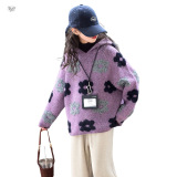 女童2025年冬季新款加厚紫藤萝色大花朵连帽毛衣女大童针织毛线衣，童装毛衣，祺儿童装