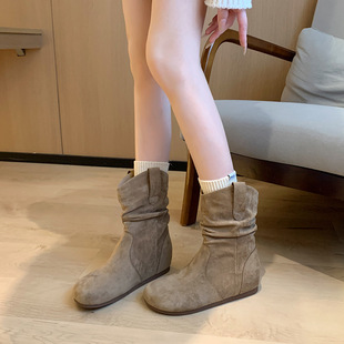 堆堆靴黑色内短靴加宽胖脚粗腿大筒围马丁靴女平底休闲45 大码