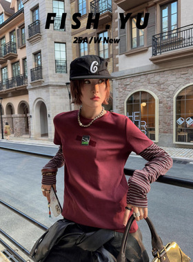 正品现货FISHYU秋季新款美式复古烫图条纹袖拼接假两件长袖T恤女