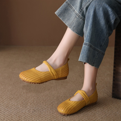 健康鞋头层牛皮鞋女春季新款复古手工编织真皮浅口平底软底豆豆鞋