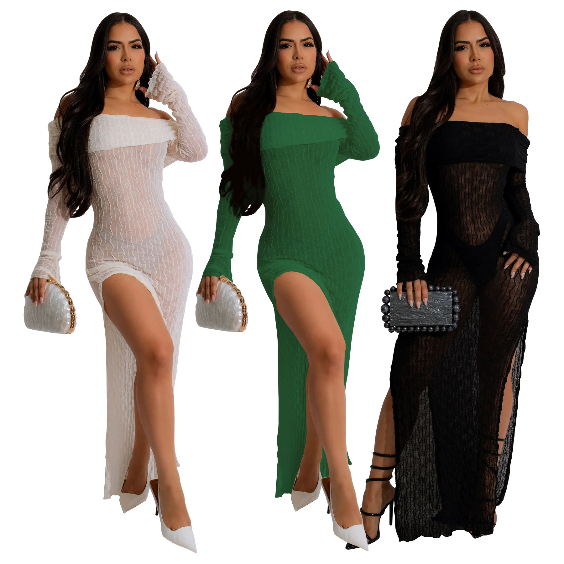 Women's one-piece collar long sleeved see through slit dress