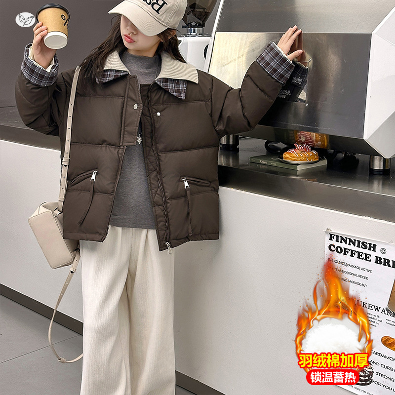 女童2025年冬季新款格子双领咖色小羊皮棉衣中大童冬加绒保暖棉服，童装棉衣，祺儿童装