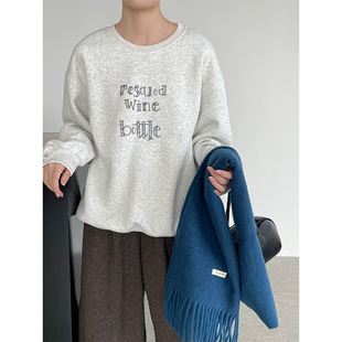 慵懒风刺绣字母加绒圆领卫衣女2026春季 韩系宽松加厚T恤上衣 新款