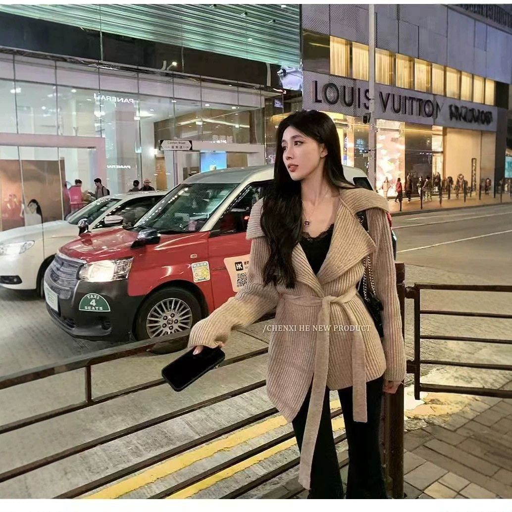 慵懒级感大翻领系带毛衣开衫外套女2026年春季新款收腰显瘦上衣