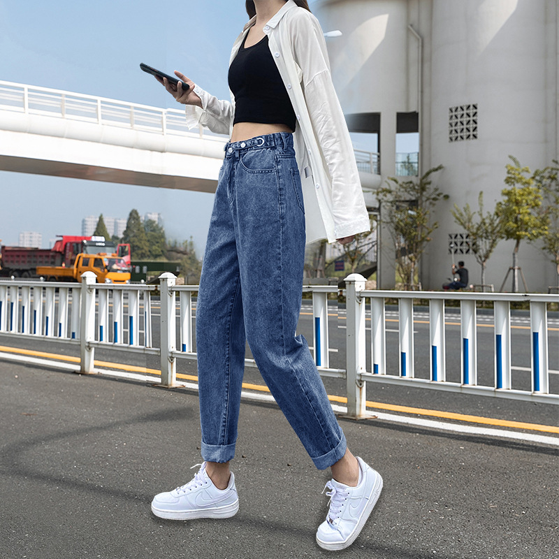 腰牛仔裤女春季2022年新款腰围可调老爹显瘦宽松九分萝卜哈伦裤