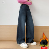 女童加绒牛仔裤2025年秋冬新款彩绣蝴蝶结阔腿裤中大儿童直筒长裤，童装裤子，祺儿童装