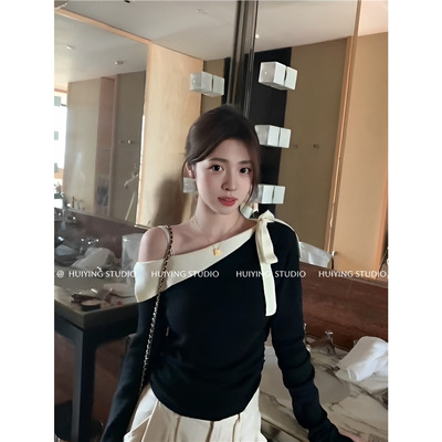 1*1随心裁黑色斜肩针织上衣女级感内搭打底衫早秋小众设计感