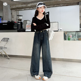 女童2025年冬季新款侧拼柳条工艺线加绒裤女大童冬加厚保暖牛仔裤，童装裤子，祺儿童装