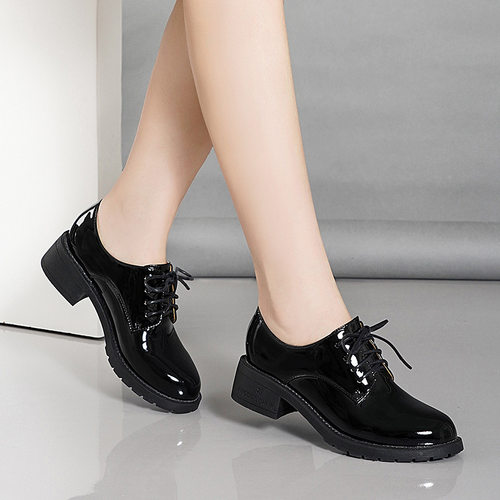2025春秋新款英伦风真皮系带女鞋鞋女中跟粗跟厚底乐福鞋子