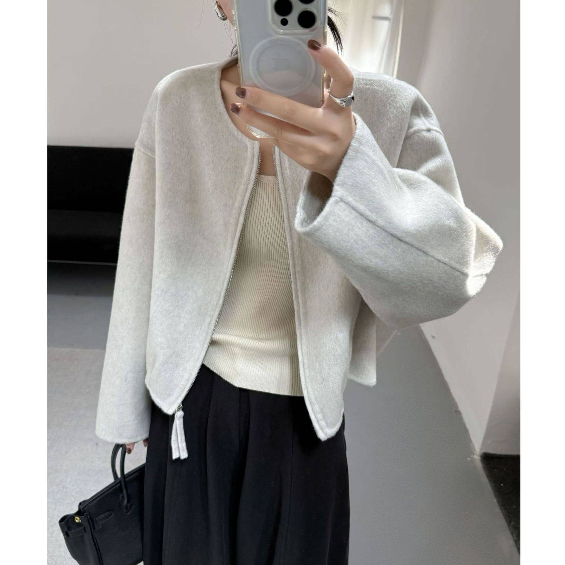 大牌代工秋冬髙级感简约圆领拉链羊毛双面呢大衣短款百搭时髦外套,女装/女士精品,毛呢外套,淘宝优惠券,粉丝福利购,淘宝优惠卷