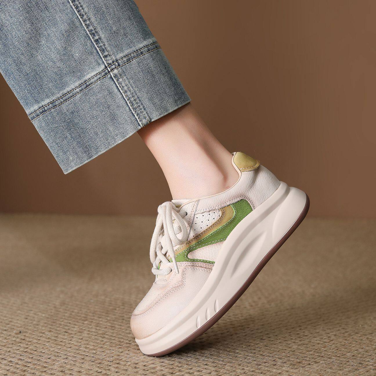 头层牛皮板鞋女2026春季新款复古潮流厚底小白鞋百搭休闲运动鞋