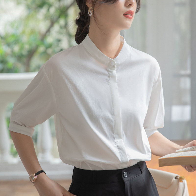白色衬衫女2025夏新款短袖立领设计感小众级感气质通勤职业衬衣
